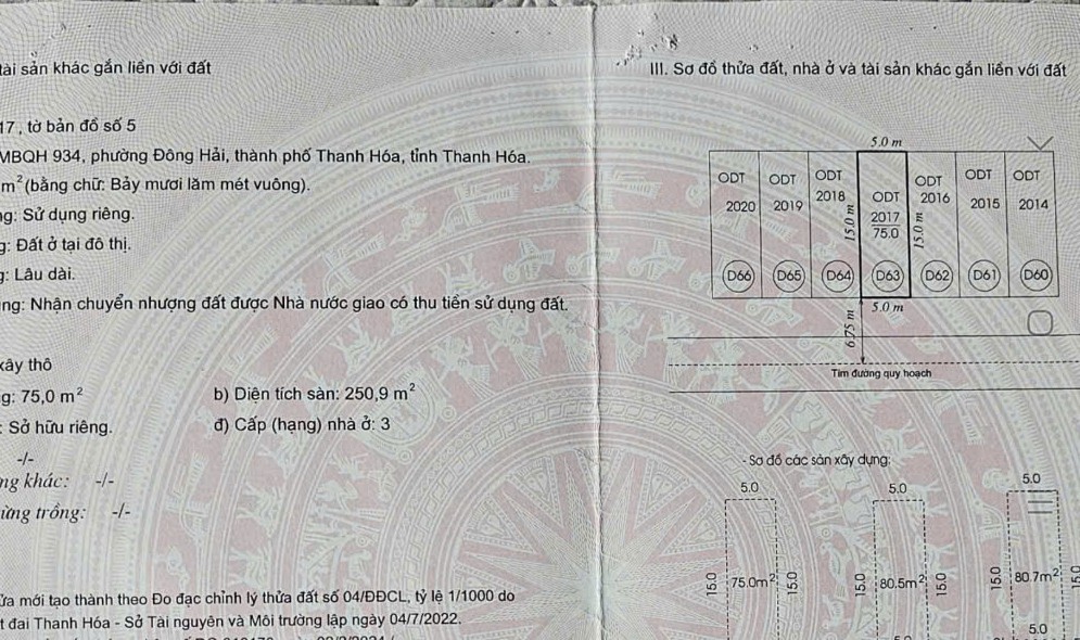 Bán nhà xây thô mặt bằng 934 Đông Hải - tp Thanh Hóa, mặt tiền 5m, giá chỉ 3,75 tỷ