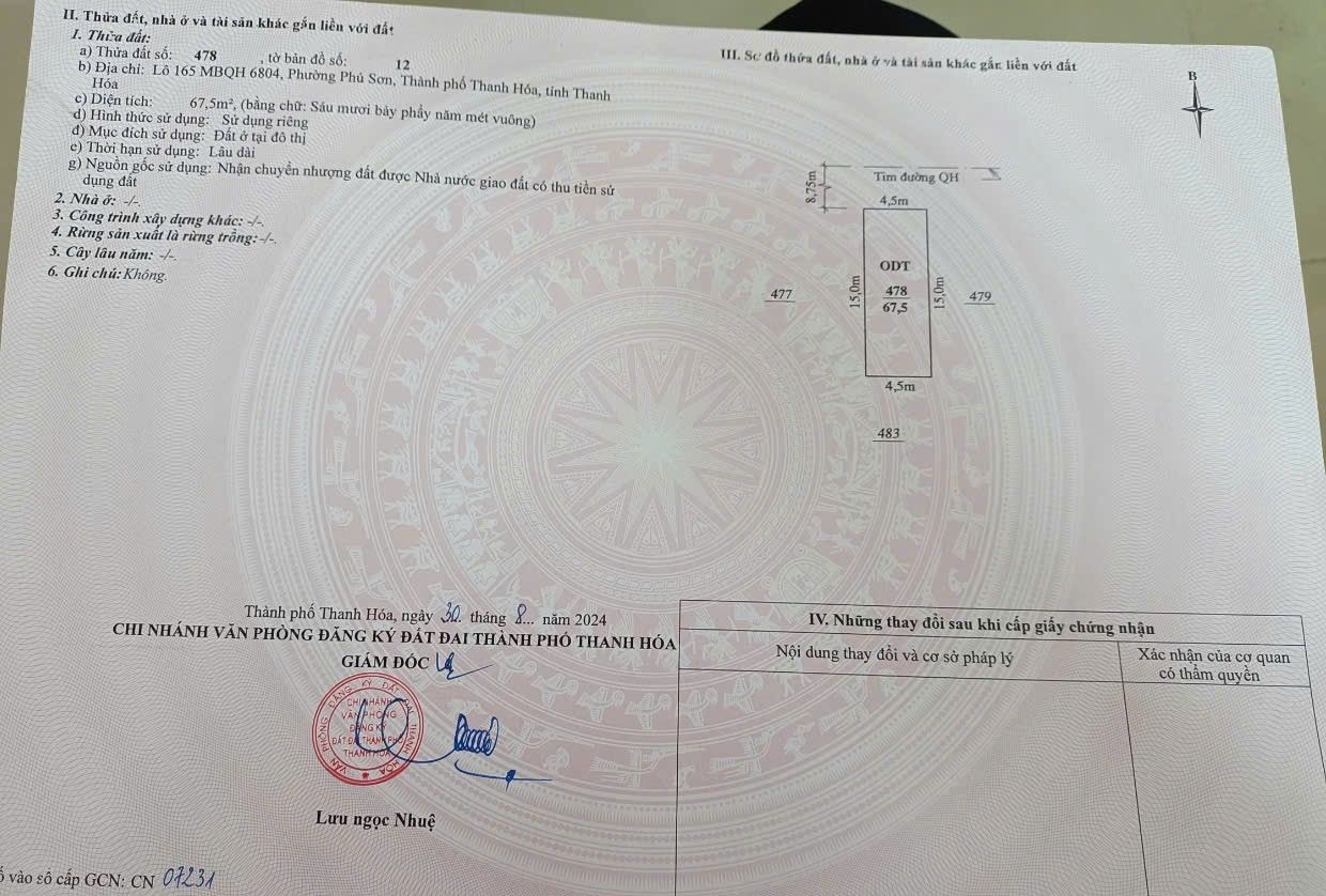 Bán lô đất đẹp mbqh 6804 Phú Sơn - 67,5m² hướng bắc nhìn hồ sen