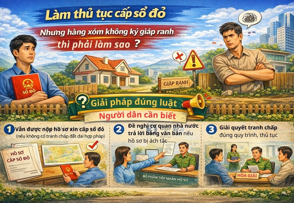 làm thủ tục cấp sổ đỏ nhưng hàng xóm không ký giáp ranh