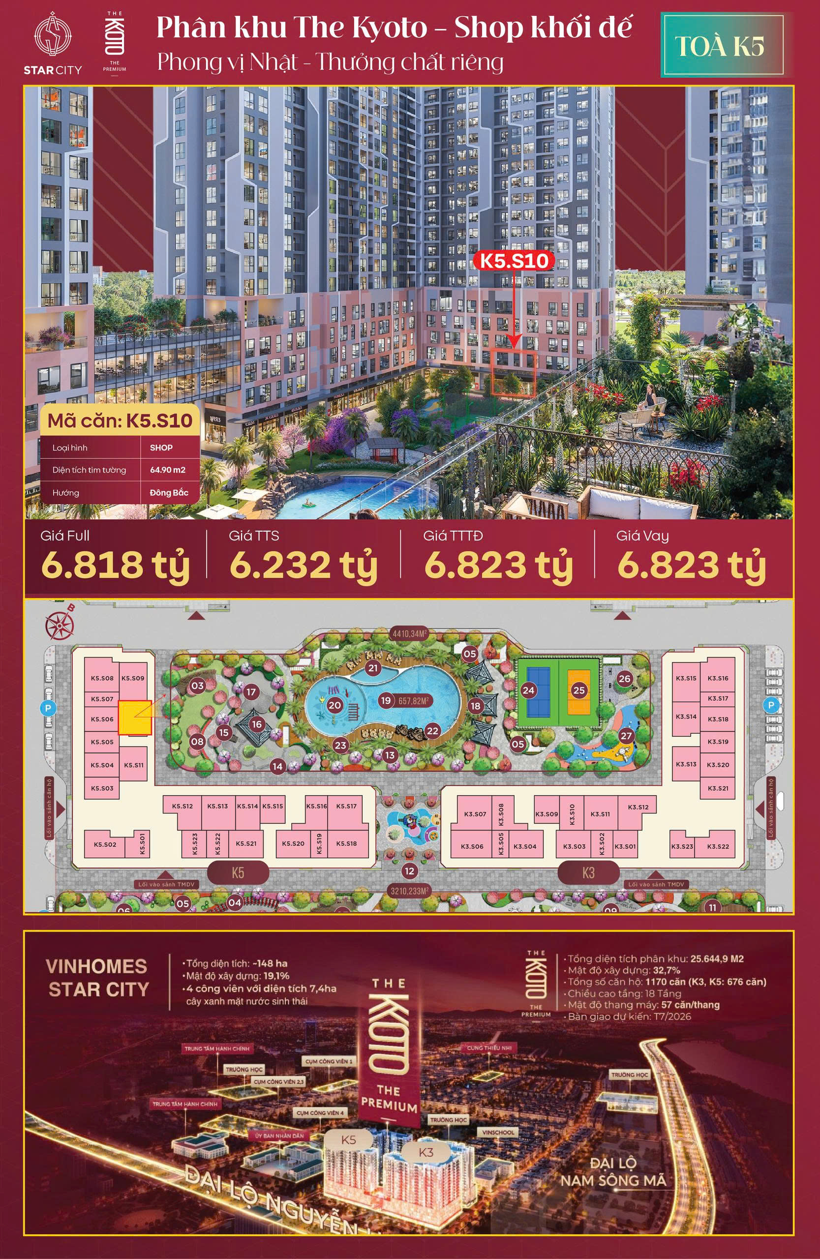 Bán 3 căn shop khối đế chung cư the kyoto - diện tích từ 60,6m² đến 82,7m² - hướng đông bắc