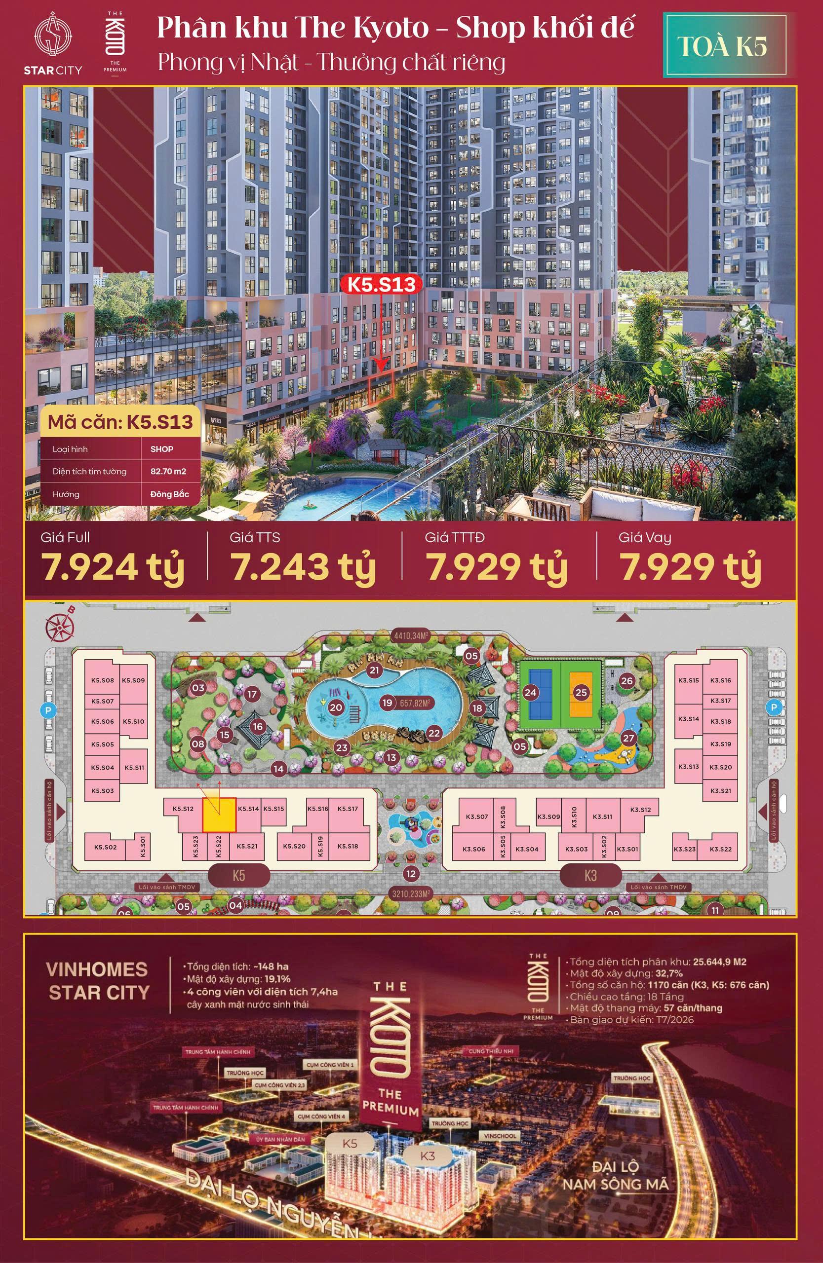 Bán 3 căn shop khối đế chung cư the kyoto - diện tích từ 60,6m² đến 82,7m² - hướng đông bắc