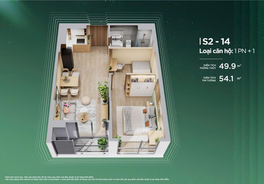 Căn hộ 1pn +1 The Sentosa Thanh Hoá - 49,9m² thông thuỷ, view đại lộ Nguyễn Hoàng