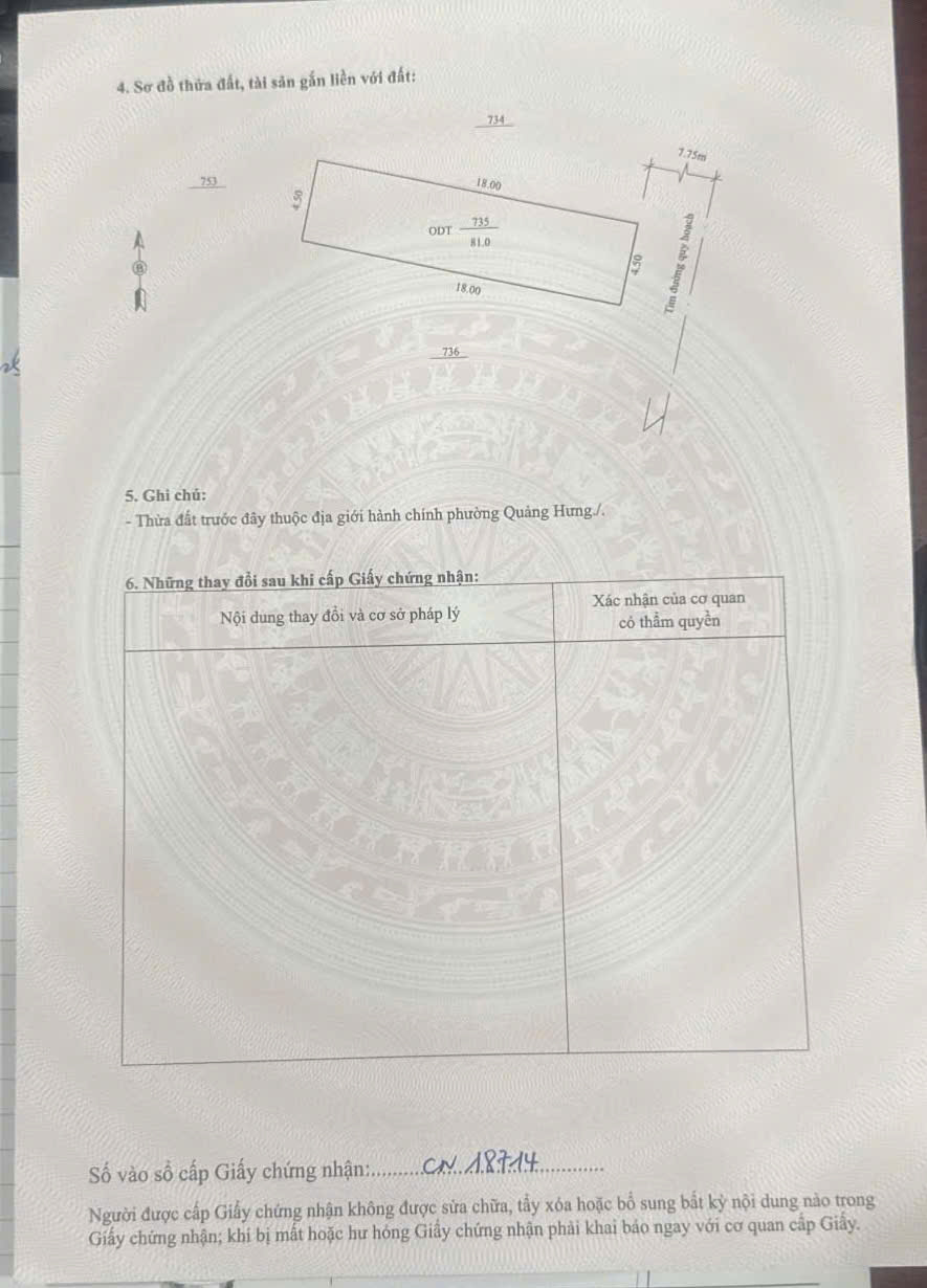 Bán lô đất 81m2 mb 2349 phường Quảng Phú (Quảng Hưng cũ), đường 15,50m, giá 1,79 tỷ
