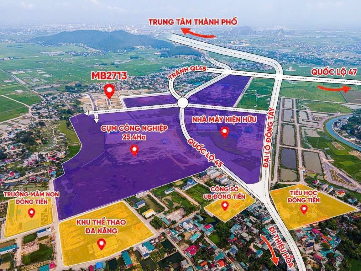 Bán lô đất áp ve e05 mb 2713 Đông Tiến mới 120m2 mặt tiền 6m trục chính ql45