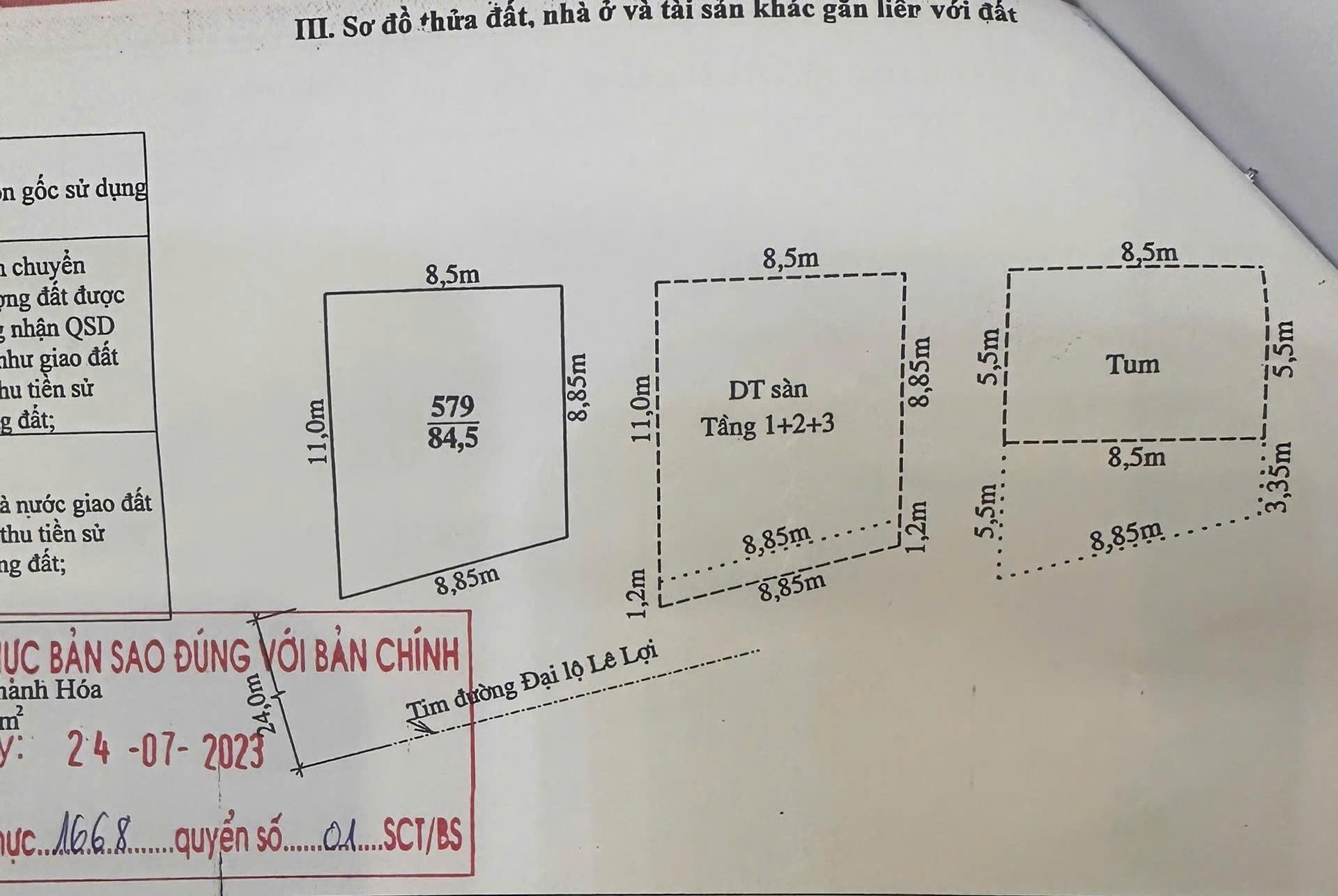 Lô đất mặt Đại Lộ Lê Lợi - cầu Đông Hương | mặt tiền gần 10m, kèm nhà 3 tầng, đang cho thuê 50 triệu/tháng