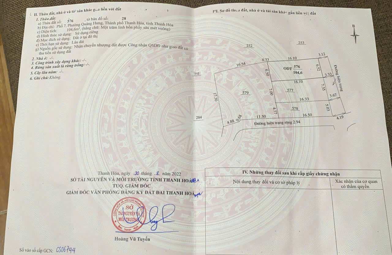 Bán đất phố 7 Quảng Hưng 104m2 đất ở 100% đường ô tô thông giá dưới 1 tỷ