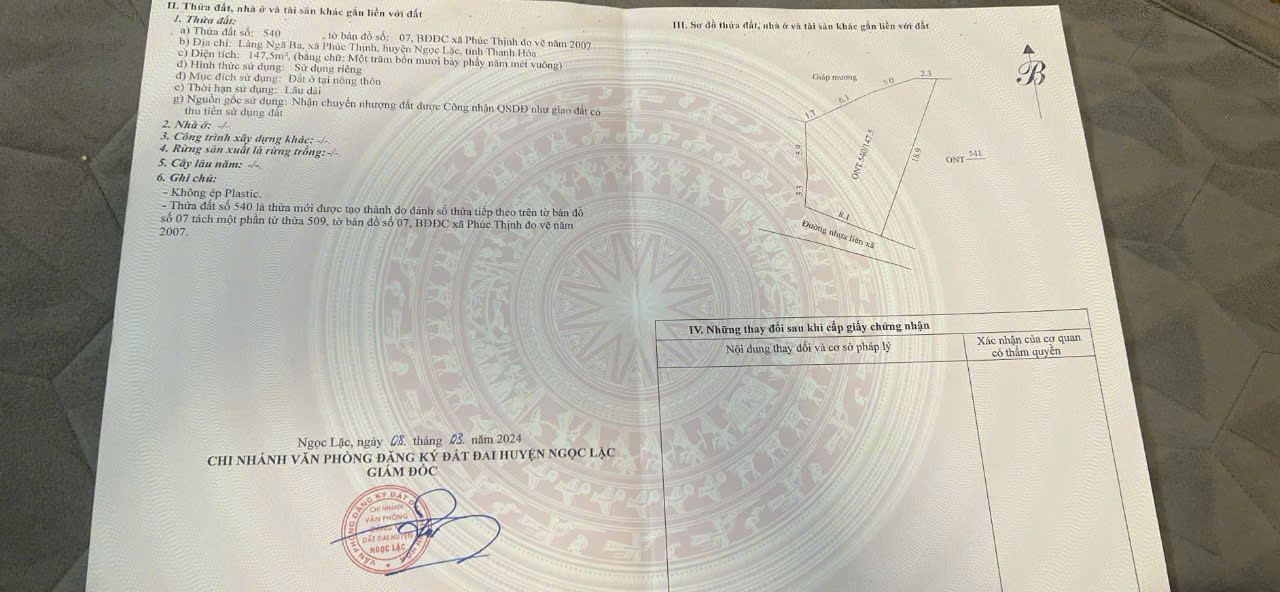 Đất trục nhựa liên xã Phúc Thịnh Ngọc Lặc 147,5m2 mặt tiền 8,1m - gần cụm công nghiệp - giá 195 triệu