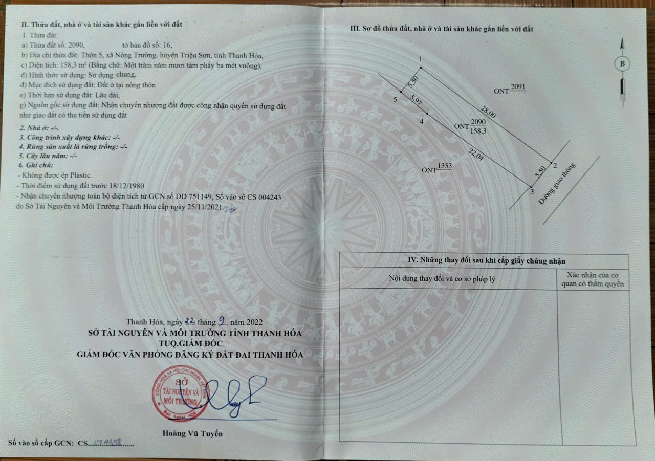 Đất nông trường 154m2 (5.5x28m) full thổ cư - đường ô tô rộng - gần cụm công nghiệp Triệu Sơn, trường học