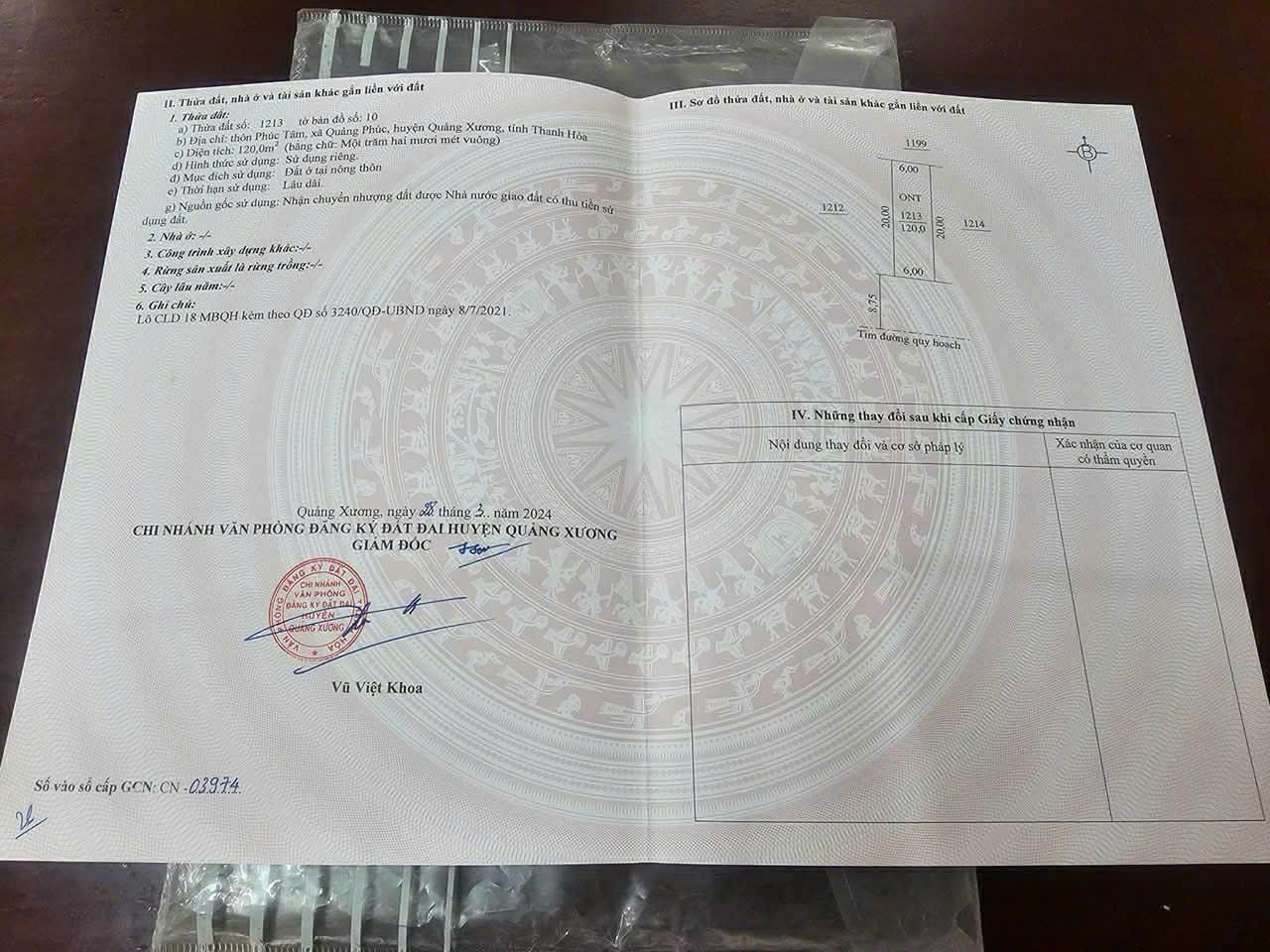 Bán đất mbqh thôn Phúc Tâm Quảng Vọng Quảng Xương 120m2 mặt tiền 6m đường 16m giá 590 triệu