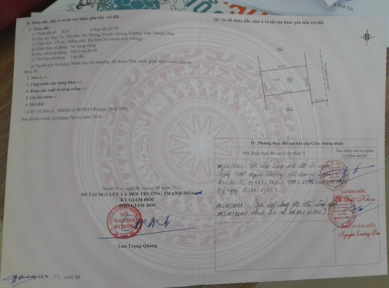 Bán lô biệt thự mb 80 Tân Phong Quảng Xương diện tích 320m2 gần quốc lộ 1A giá 2 tỷ 980