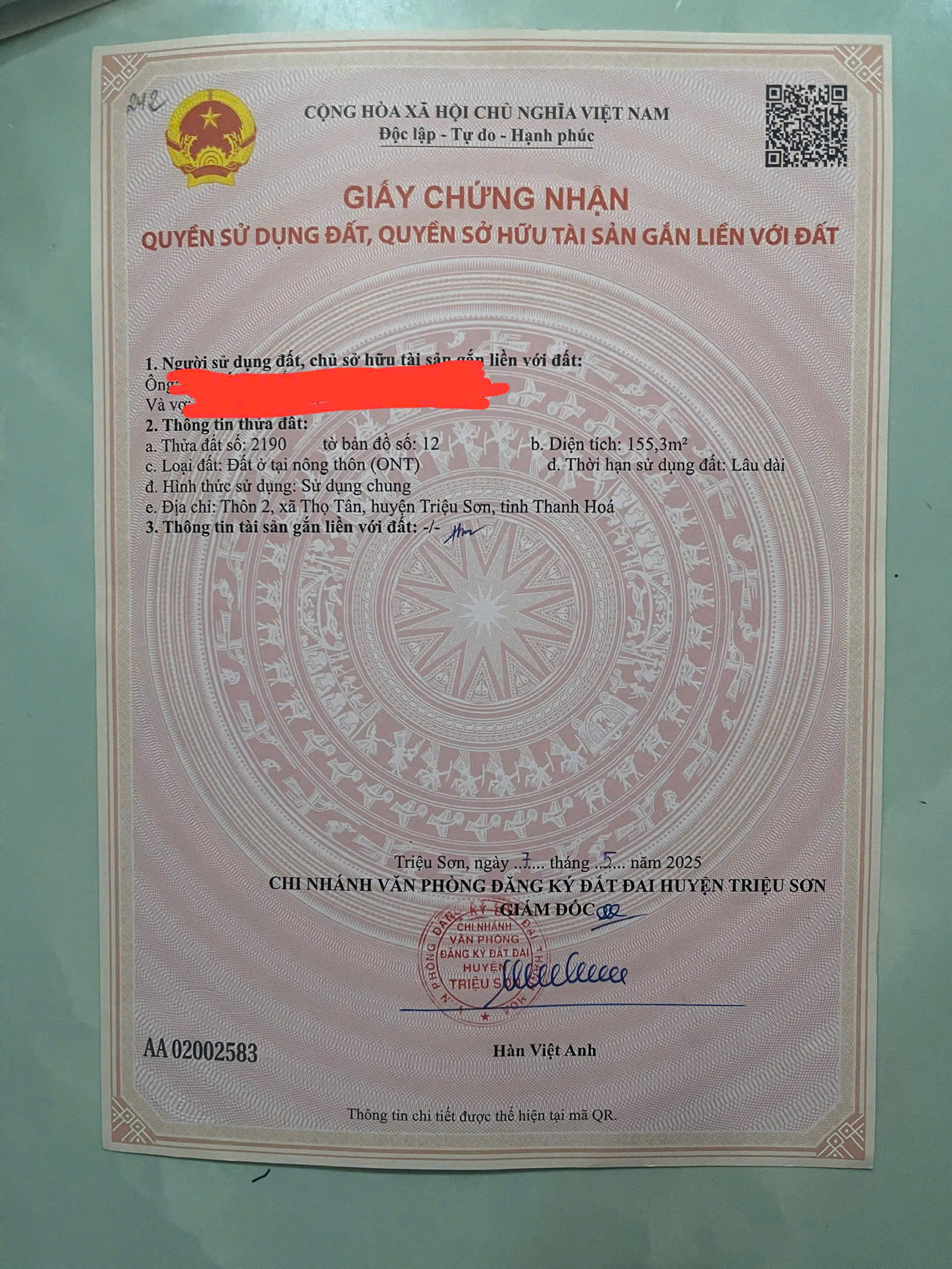 Bán lô đất đầu ve 155m2 2 mặt tiền Thọ Tân Triệu Sơn - đường nhựa 7m - giá 8xx