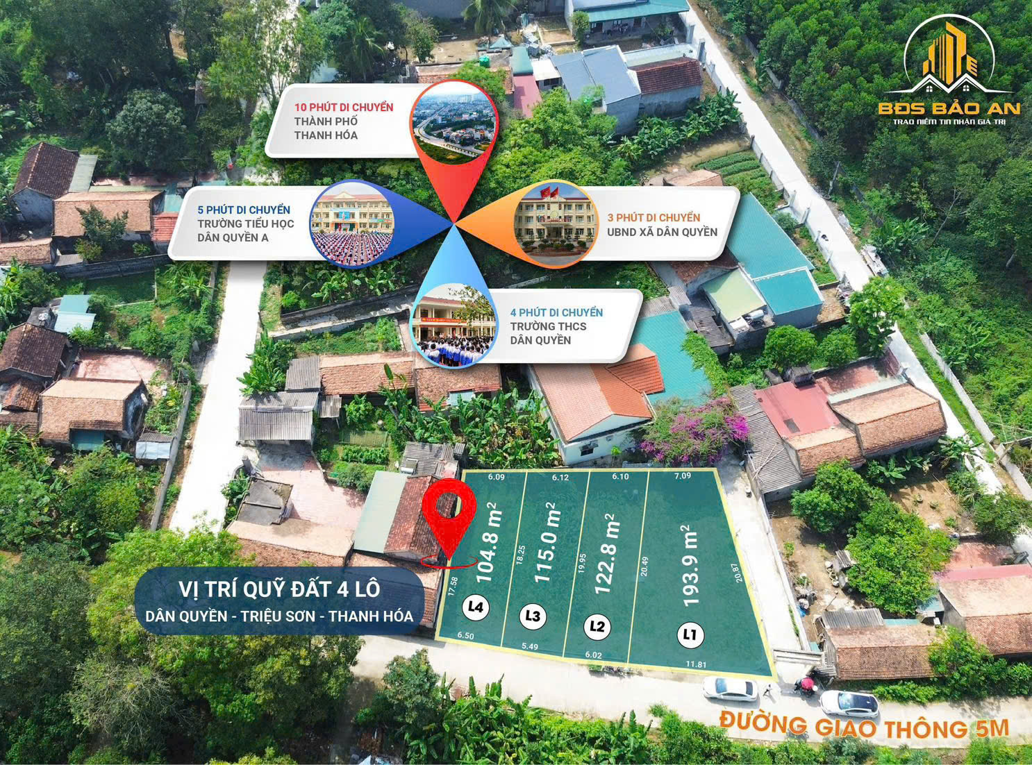 4 lô đất liền kề Dân Quyền Triệu Sơn, 104 - 193m², có 60m² thổ cư, gần trường học - giá chỉ từ 2xx triệu/lô