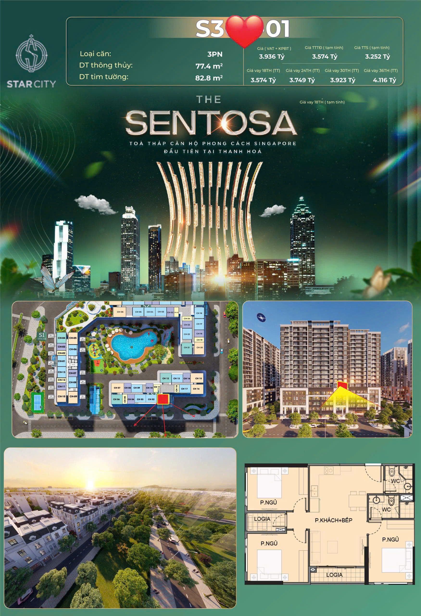 Bán căn góc 3N The Sentosa Vinhomes Star City Thanh Hóa, view biệt thự, sổ hồng